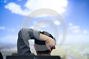 Young man dreaming clouds on presentation