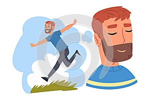 Young Man Dreaming about Freedom and Vacation on Nature, Human Thoughts and Needs Cartoon Style Vector Illustration
