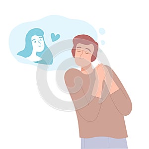 Young Man Dreaming about Love, People Imagination Concept Cartoon Style Vector Illustration