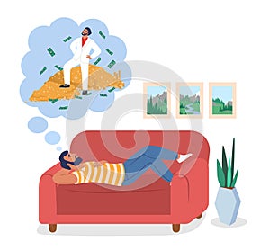 Young man dreaming about money, flat vector illustration. Girl thinking about wealth.