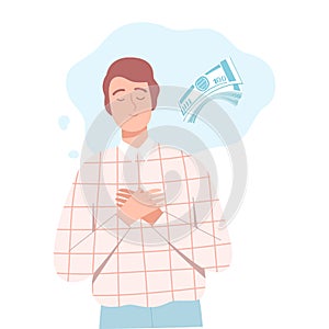 Young Man Dreaming about Money, People Imagination Concept Cartoon Style Vector Illustration