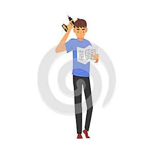 Young Man with Drill Reading Furniture Assembly Instructions Vector Illustration