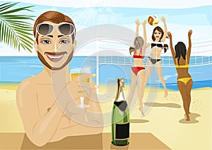 Young man drinking champagne in front of girls playing beach volleyball