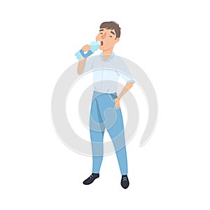 Young Man Drinking Clean Water from Plastic Bottle, Male Person Quenching Thirst, Healthy Lifestyle Concept Cartoon