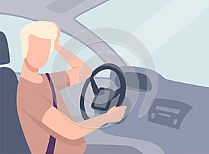 Young Man Driving a Car, View from the Inside, Male Driver Character Holding Hand on a Steering Wheel Vector