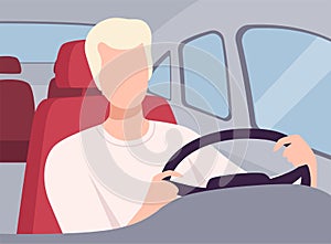 Young Man Driving a Car, View from the Inside, Male Driver Character Holding Hands on a Steering Wheel Vector