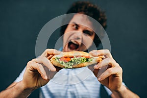 Young man eating a cheeseburger has pleasant expression. Hungry man in a fast food restaurant eating a hamburger outdoors. Man