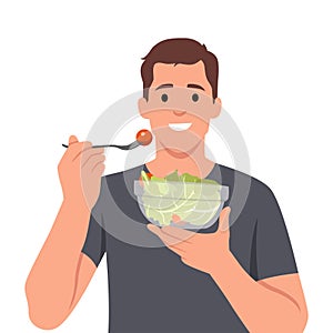 Young man eating salads. Diet food for life. Healthy foods with benefits. Healthy and vegan food concept
