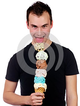 Young man eating a six scoop ice cream c