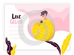 Young man eats gelato on color background with plants and frame. Vector food banner