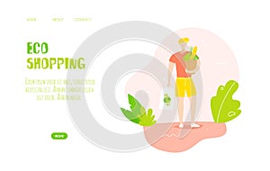 Young man with an eco-friendly bag goes shopping. Vector web page template. Summer banner