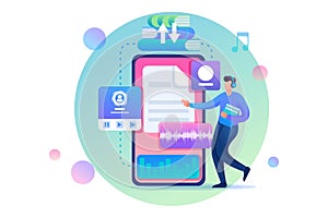 Young man enjoys his electronic library, downloaded new e-books. Flat 2D character. Concept for web design