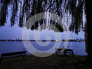 Young man enjoys the silence with a view of the city lights and their reflection in the water under an old weeping willow tree