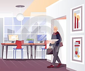 Young man entering design office. Business workplace interior vector illustration. Guy entering with papers and ideas