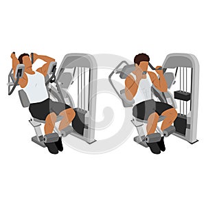 Young man exercise with abs muscles on press machine, Man working out with ab crunch machine