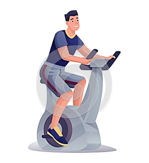 Young man exercising on bicycle gym equipment. Happy smiling guy sitting and cycling vector illustration. Healthy active
