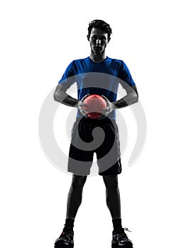 Young man exercising handball player silhouette