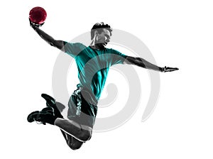 Young man exercising handball player silhouette