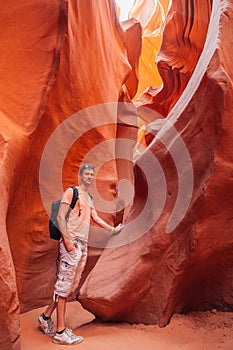 Young man exploring Antelope Canyon in the Navajo