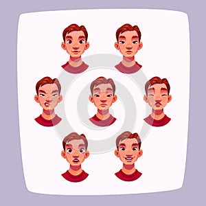 Young man face expressions, cartoon male avatar