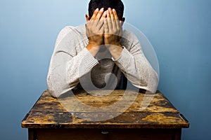 Young man face palming at desk