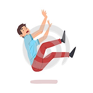 Young Man Falling Down, Male Person with Frightened Expression on her Face Falling Back Cartoon Style Vector