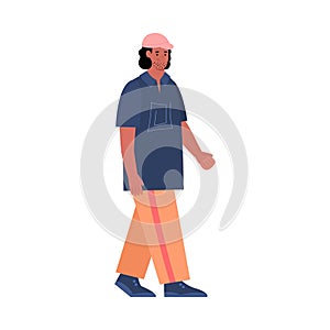 Young man in fashion cloth walking, flat cartoon vector illustration isolated.