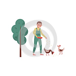 Young man feeding chickens, male farmer taking care of animal on farm, poultry breeding vector Illustration on a white