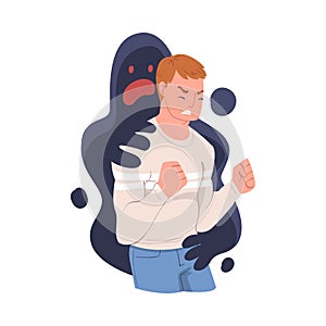 Young Man Feeling Anger and Malice Grasped by Dark Inner Monster Vector Illustration