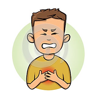 Young man feeling chest pain. Angina and heart attack. Flat vector illustration. Isolated on white background.