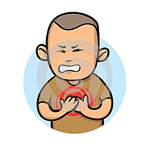 Young man feeling chest pain. Angina and heart attack. Flat vector illustration. Isolated on white background.
