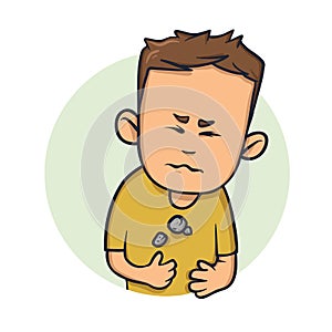 Young man feeling heavy in his chest. Difficulty to breathe. Cartoon design icon. Flat vector illustration. Isolated on