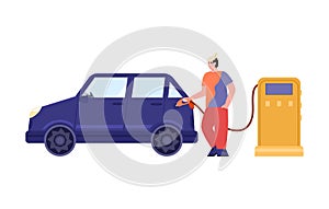 Young man filling up fuel of car at petrol station a vector illustration.