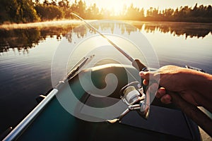 Man fishing on a lake from rubber boat