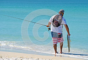 Young Man Fishing in Ocean