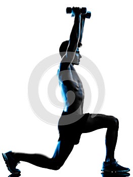 Young man fitness weight exercise shadow isolated white background silhouette