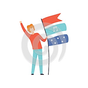 Young Man with Flags at Open Air Festival, Outdoor Summer Concert Vector Illustration