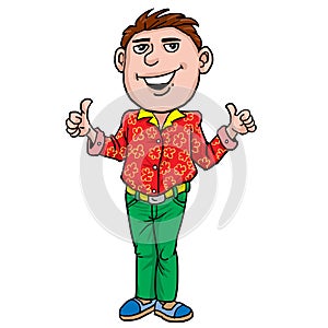 Young man with flora shirt giving you thumbs up.