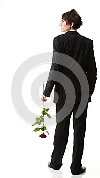 Young man, flower, red rose isolated