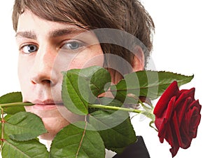 Young man, flower, red rose isolated