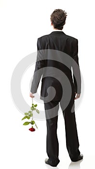 Young man, flower, red rose isolated