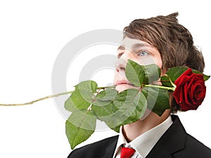 Young man, flower, red rose isolated