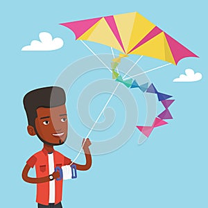 Young man flying kite vector illustration.