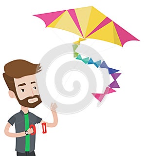 Young man flying kite vector illustration.