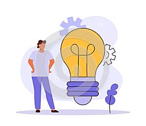 Young man with flying lamp idea. Doodle cute miniature scene of creative worker. Flat vector illustration for business design and