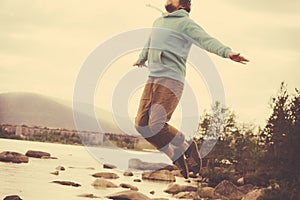 Young Man Flying levitation jumping outdoor relax Lifestyle photo