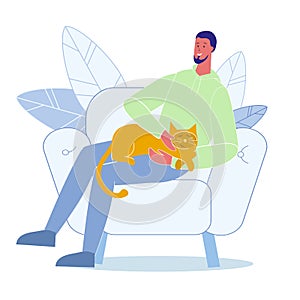 Young Man Fondles Cat Flat Vector Illustration