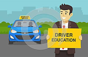 Young man in formal suit holding a paper with text. Driving school. Front view of a student driver car. Flat vector illustration.