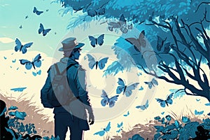 Young man gazing at enormous blue butterflies perched on tree branch