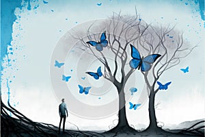 Young man gazing at enormous blue butterflies perched on tree branch